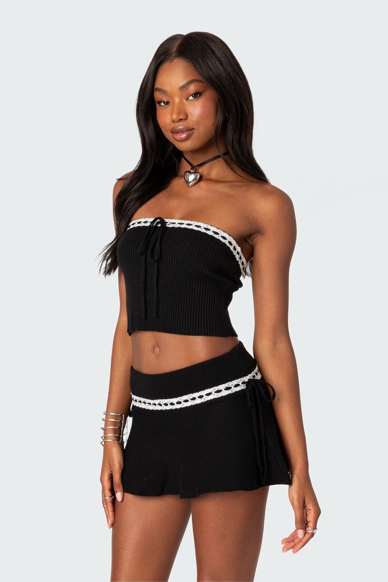 Edikted Khloe Lacey Ribbon Knit Tube Strapless Tops Black | USA FQ220562T1