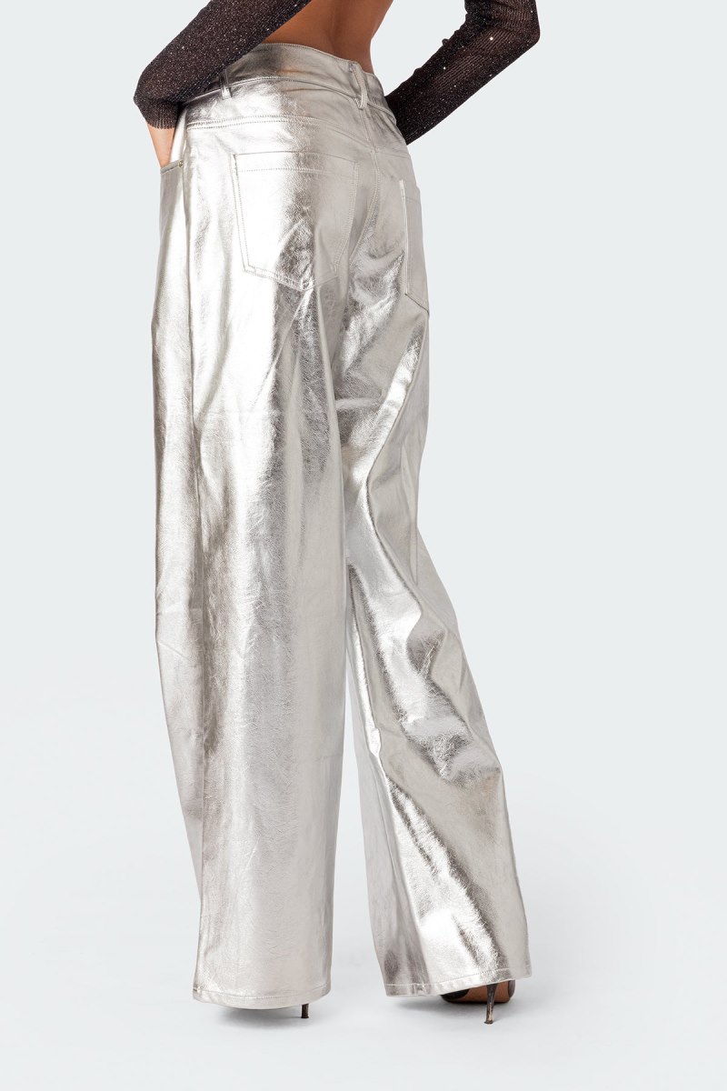 Edikted Kim Metallic Faux Leather Pants Jeans Silver | USA CE131053T1