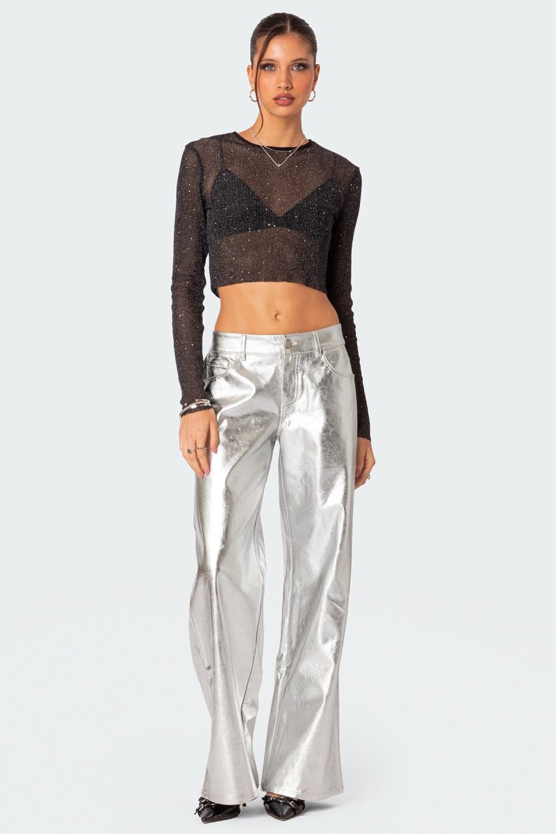 Edikted Kim Metallic Faux Leather Pants Jeans Silver | USA CE131053T1