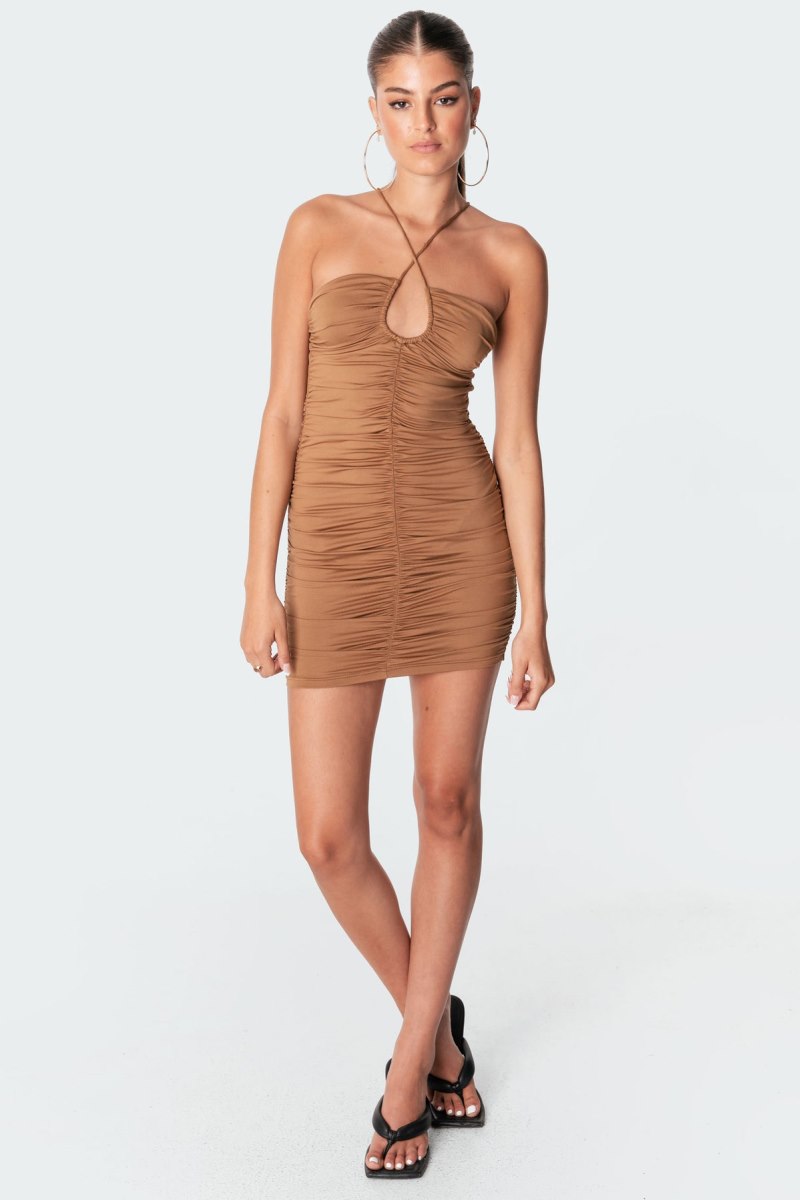 Edikted Kimbra Gathered Dress Mini Dress Brown | USA PJ653435S7