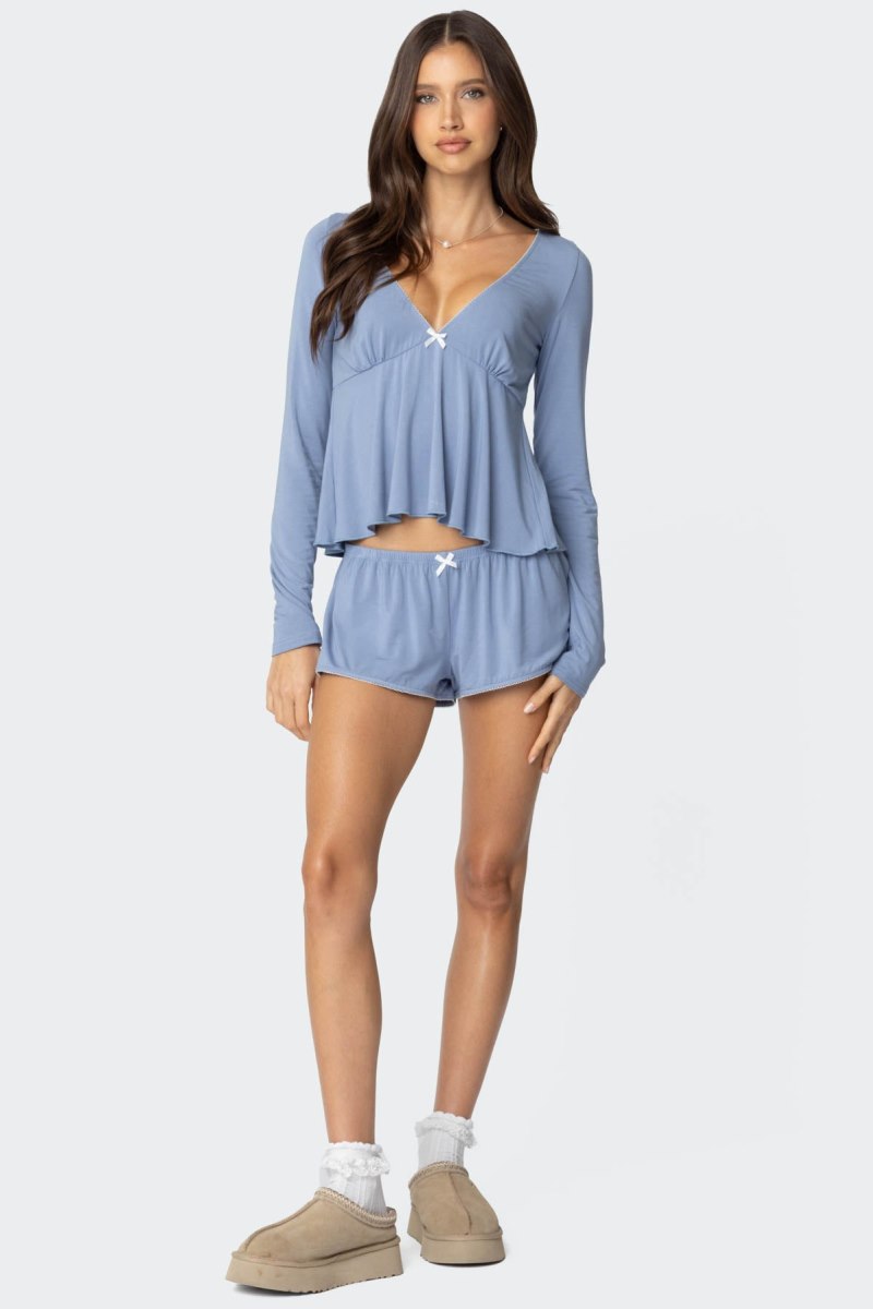 Edikted Kimia Babydoll Long Sleeve Tops Blue | USA AG597469D1