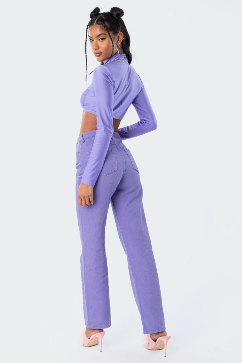 Edikted Kimmy Shiny Crop Tops Purple | USA XZ800610R9