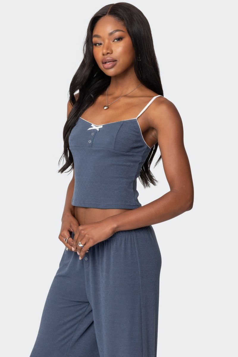 Edikted Kleo Pointelle Henley Tank Top Navy | USA CQ734333U8