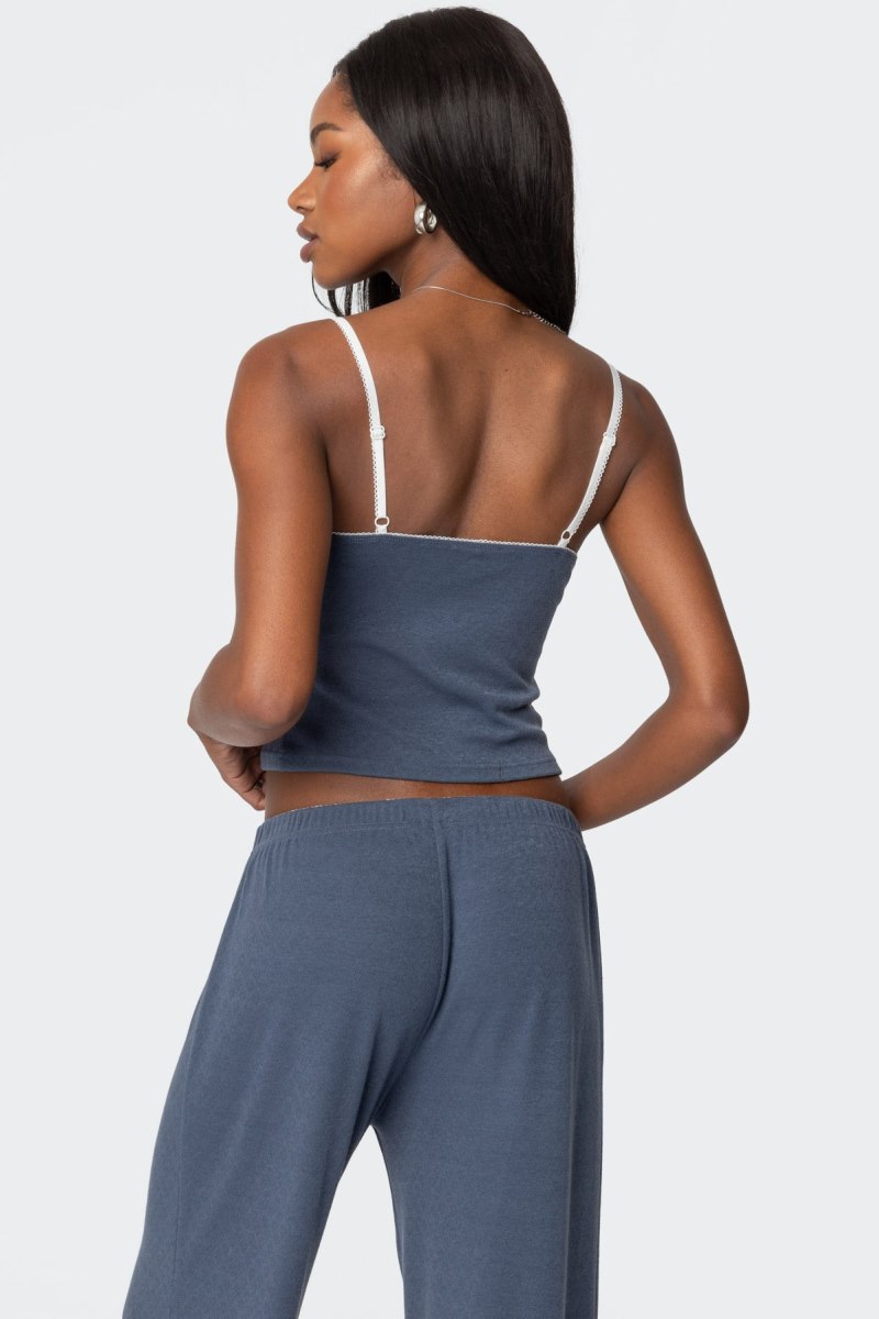 Edikted Kleo Pointelle Henley Tank Top Navy | USA CQ734333U8
