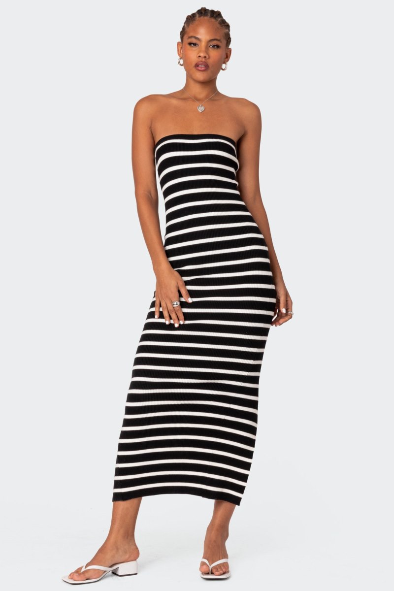 Edikted Knit Back Slitted Maxi Dress LBD Black And White | USA RO960766J8