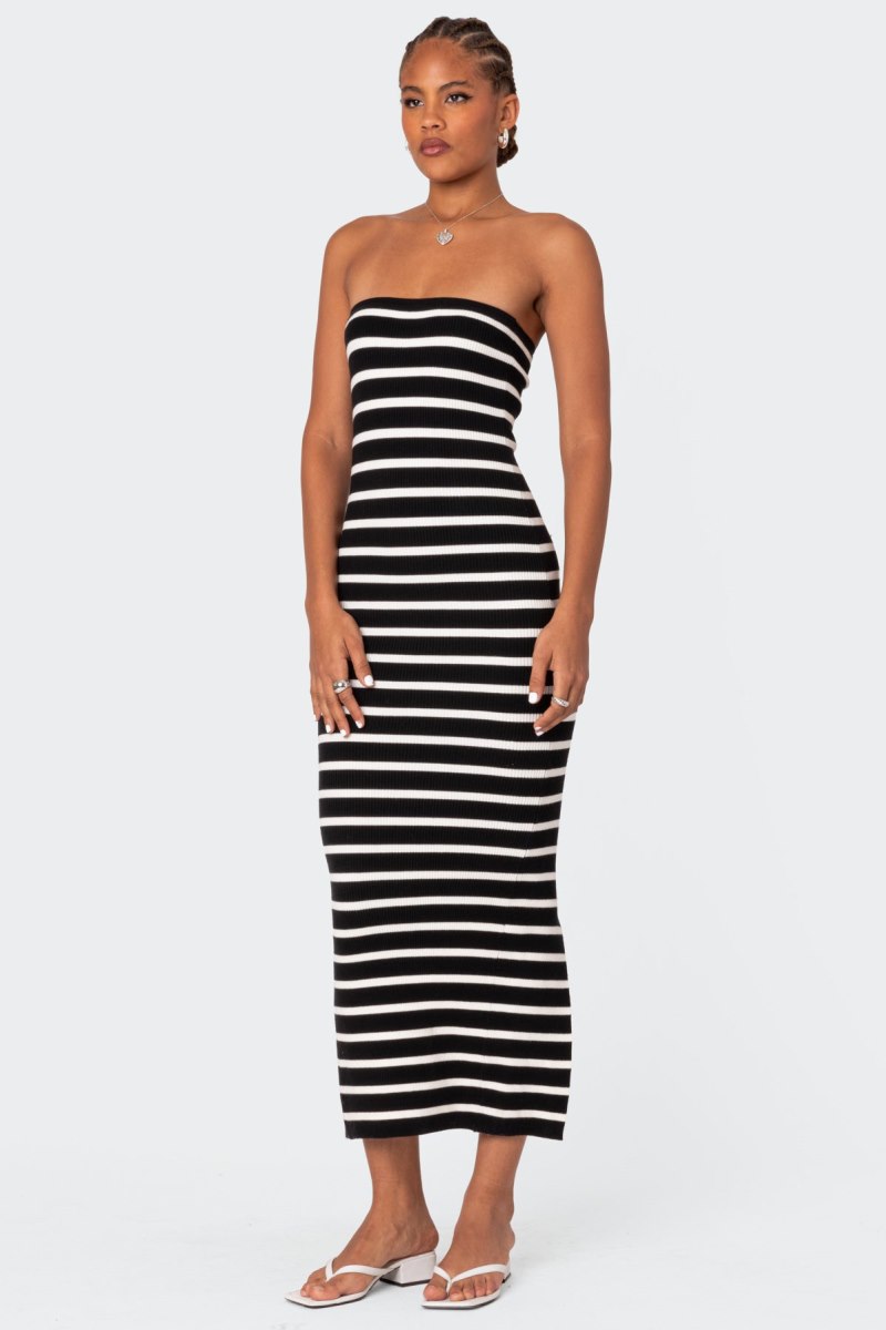 Edikted Knit Back Slitted Maxi Dress LBD Black And White | USA RO960766J8
