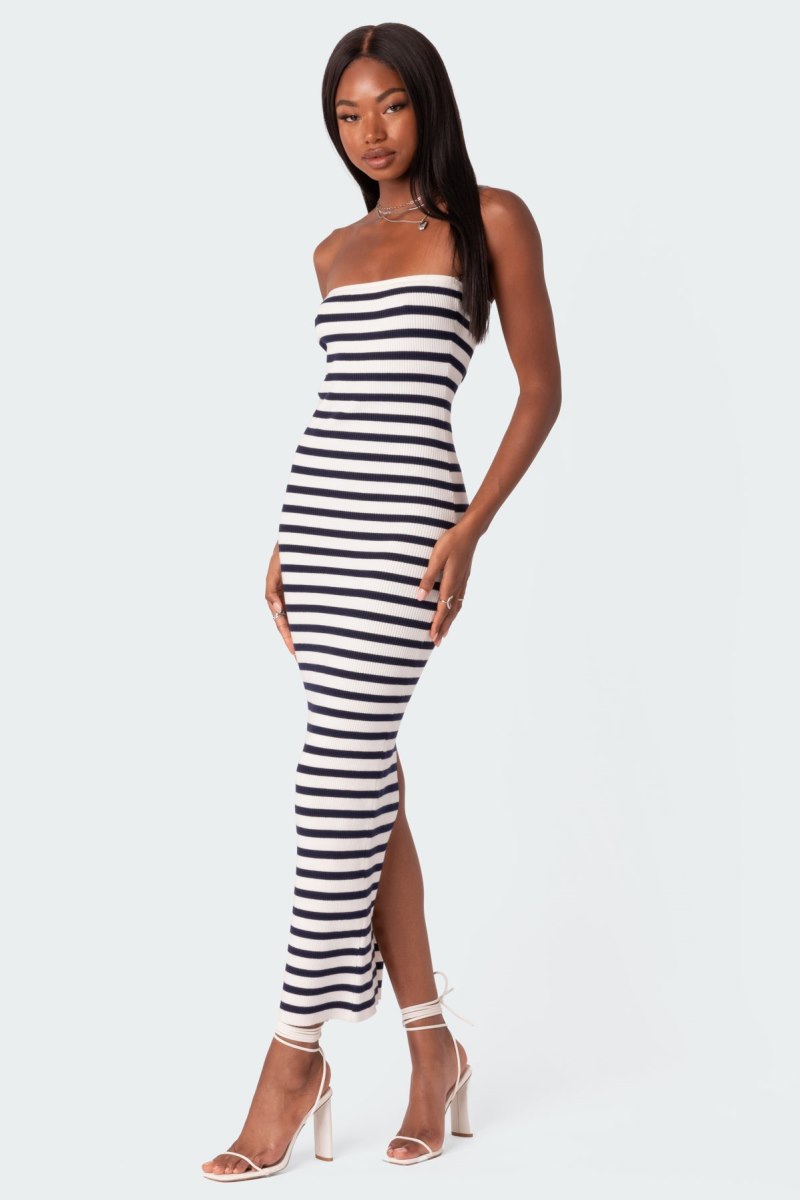 Edikted Knit Back Slitted Maxi Dress Maxi Dress Black And White | USA VG712791C2