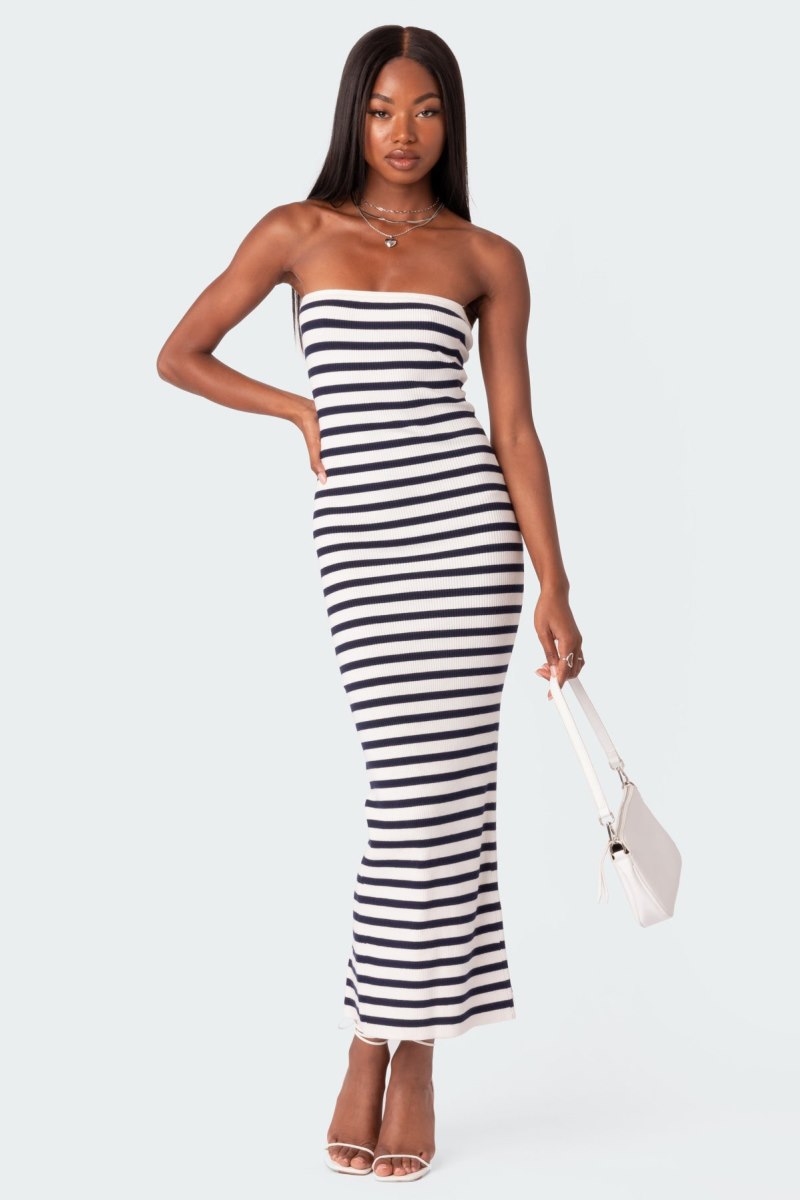 Edikted Knit Back Slitted Maxi Dress Maxi Dress Black And White | USA VG712791C2