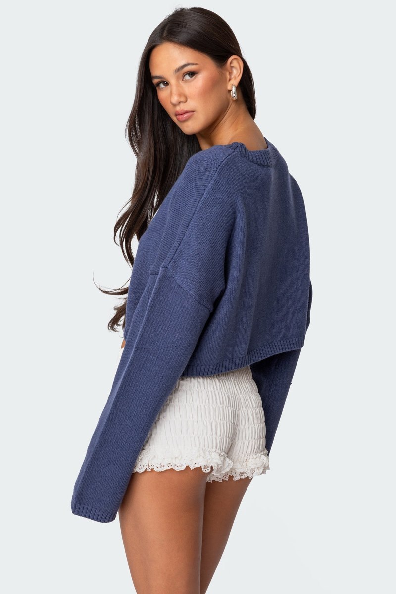 Edikted Knit Bow Cropped Sweater Crop Tops Navy | USA QB026302V7