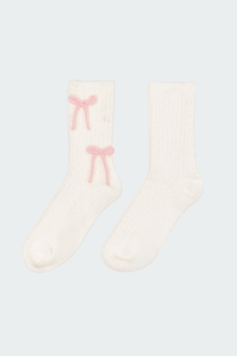 Edikted Knit Bow Fuzzy Socks White And Pink | USA WT781398U6