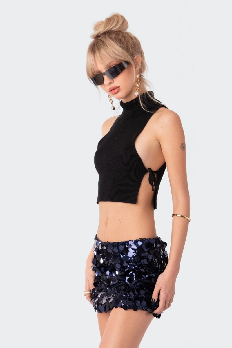 Edikted Knitted Side Lace-Up Crop Tops Black | USA FX615731I9