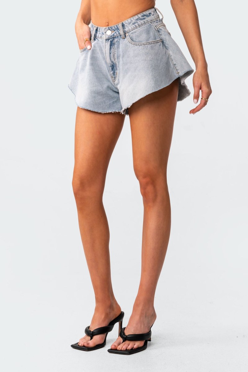 Edikted Koi Flared Denim Shorts Blue | USA NO060766E6