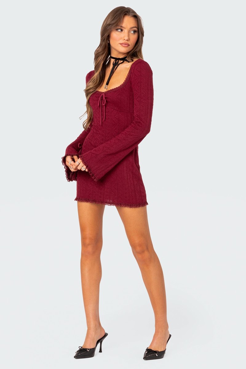 Edikted Krista Lacey Knit Mini Dress Burgundy | USA AZ821892V0