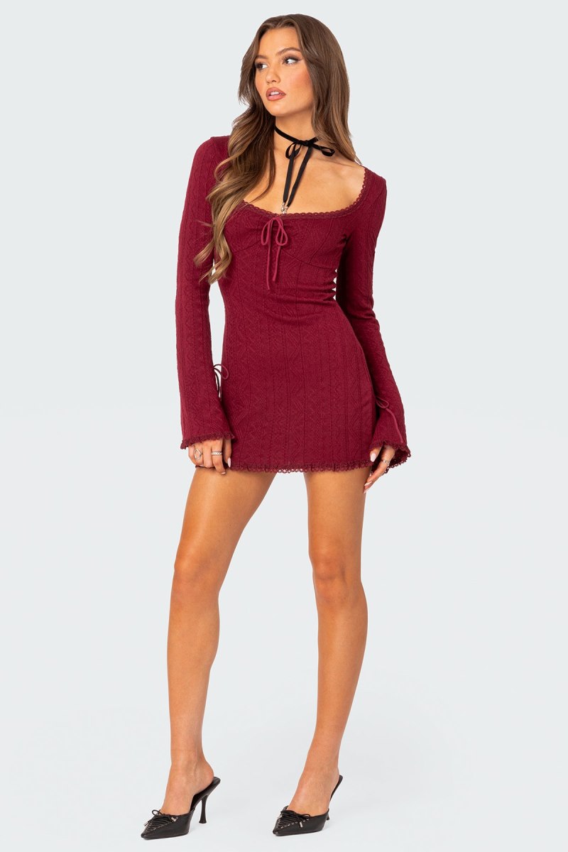 Edikted Krista Lacey Knit Mini Dress Burgundy | USA AZ821892V0