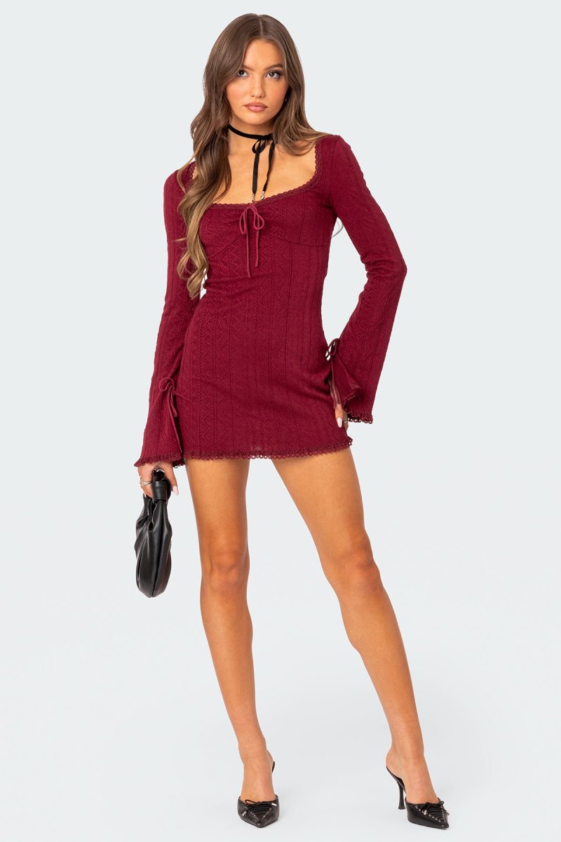 Edikted Krista Lacey Knit Mini Dress Burgundy | USA AZ821892V0