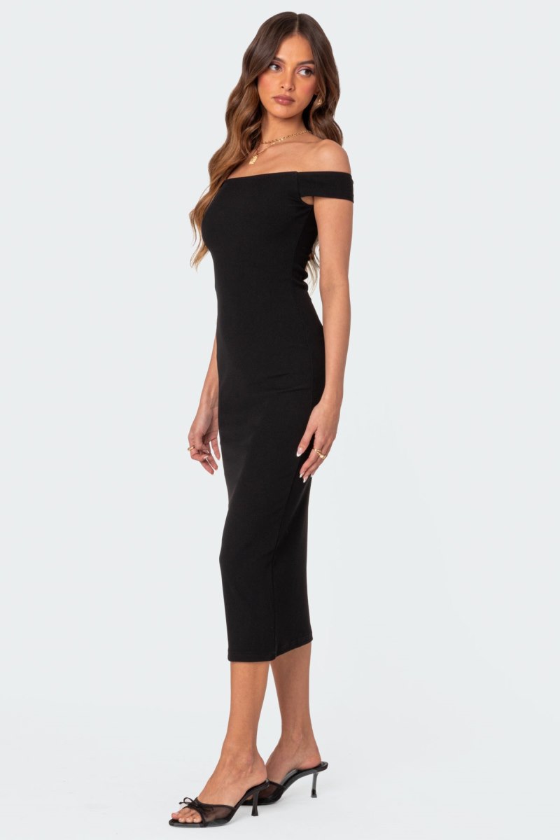 Edikted Kyla Off Shoulder Ribbed Midi Dress LBD Black | USA PU536723C0