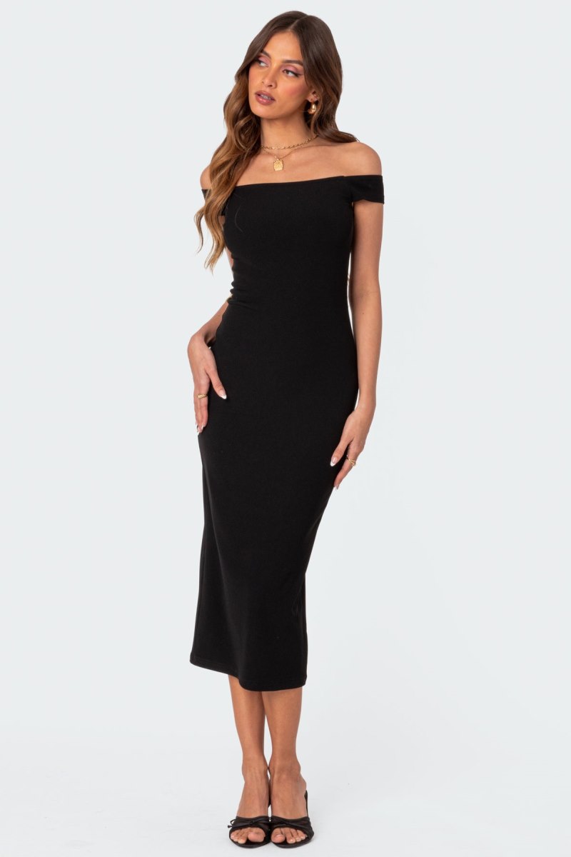 Edikted Kyla Off Shoulder Ribbed Midi Dress LBD Black | USA PU536723C0