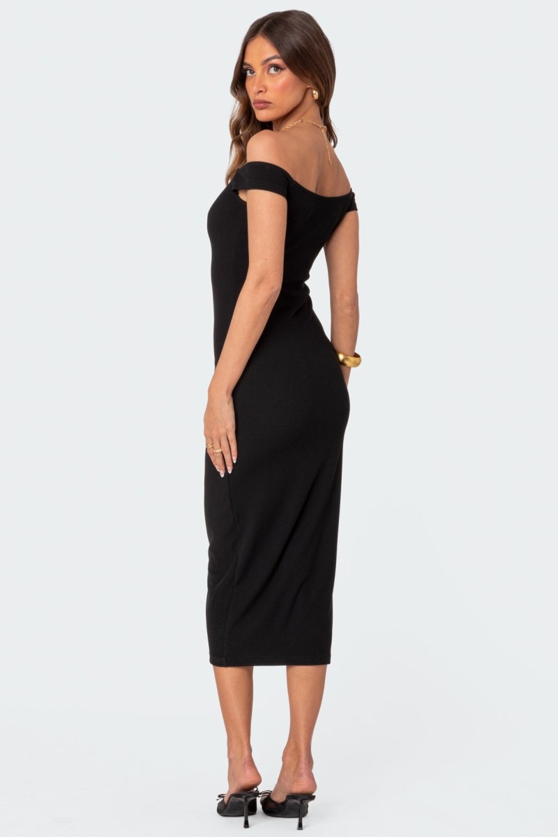 Edikted Kyla Off Shoulder Ribbed Midi Dress LBD Black | USA PU536723C0