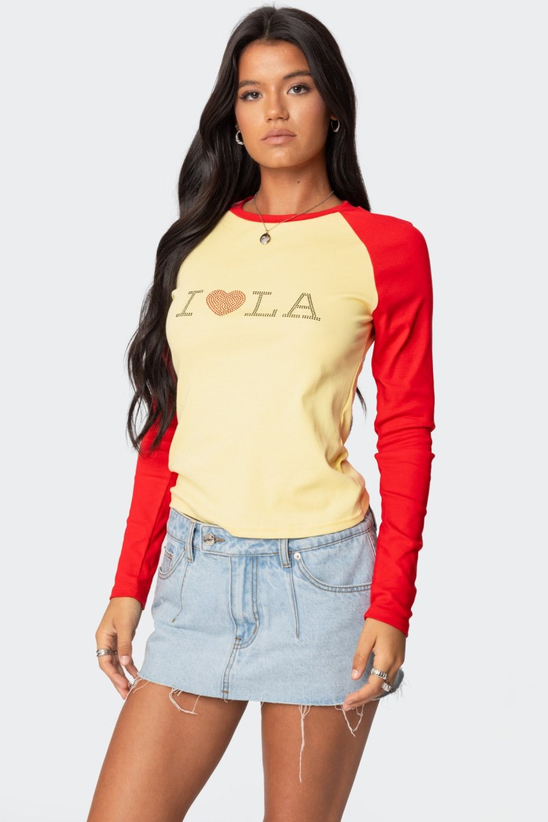 Edikted La Baby Raglan Long Sleeve T Shirt Graphic Tops Yellow | USA AJ789858J1