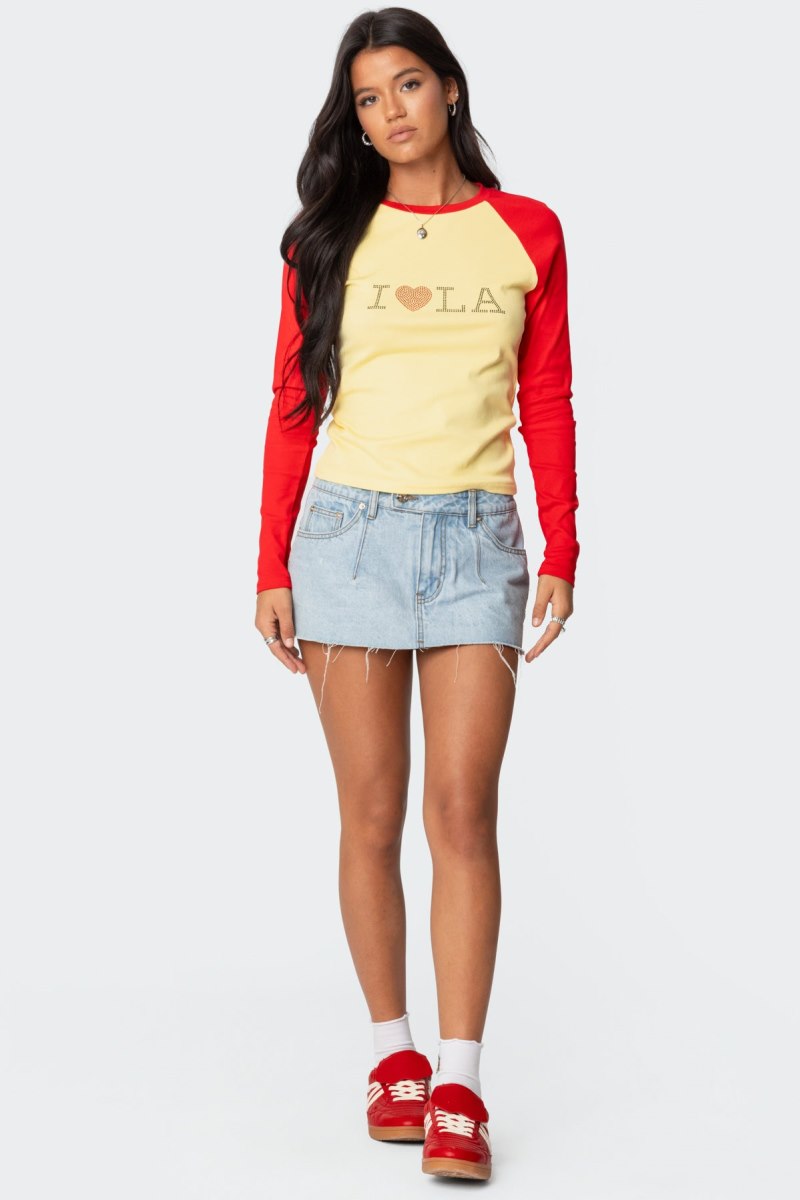 Edikted La Baby Raglan Long Sleeve T Shirt Graphic Tops Yellow | USA AJ789858J1