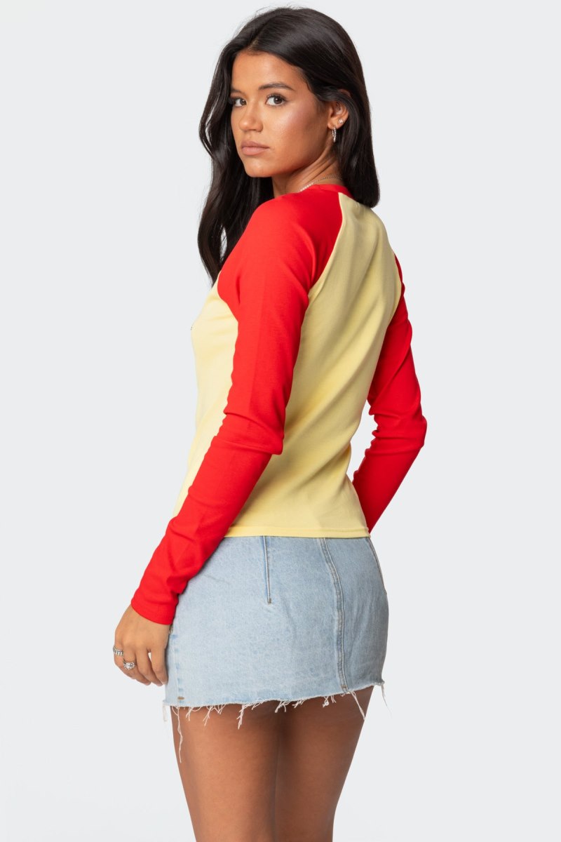 Edikted La Baby Raglan Long Sleeve T Shirt Graphic Tops Yellow | USA AJ789858J1
