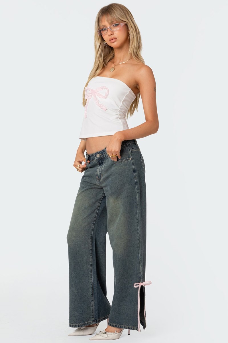Edikted Lace Bow Built In Bra Tube Graphic Tops White | USA RU397279T3