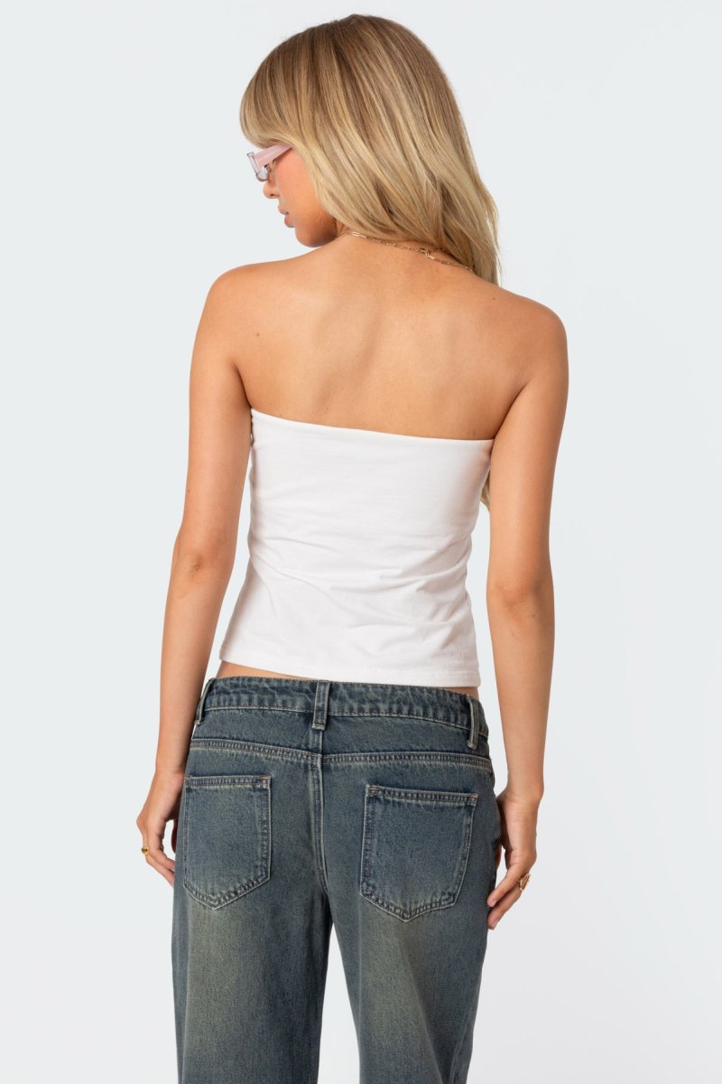 Edikted Lace Bow Built In Bra Tube Graphic Tops White | USA RU397279T3