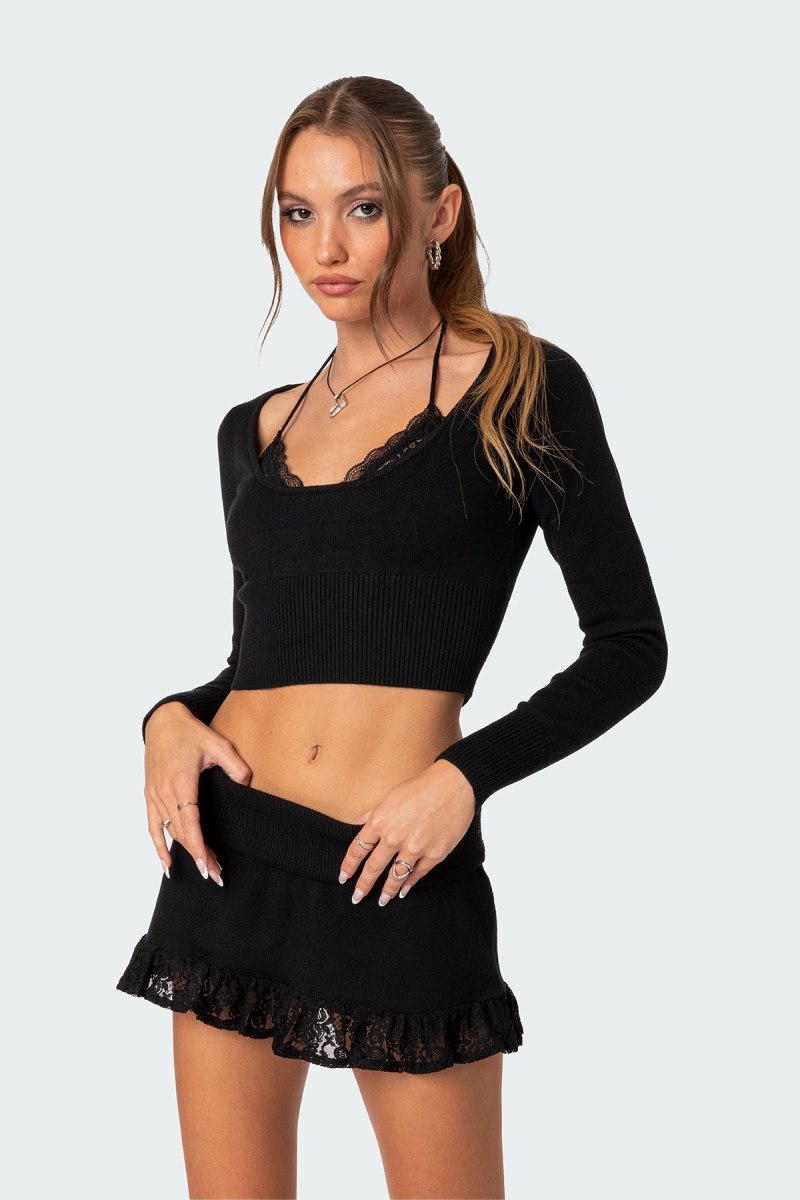 Edikted Lace Bra Detail Knitted Tops Black | USA CV447254X0