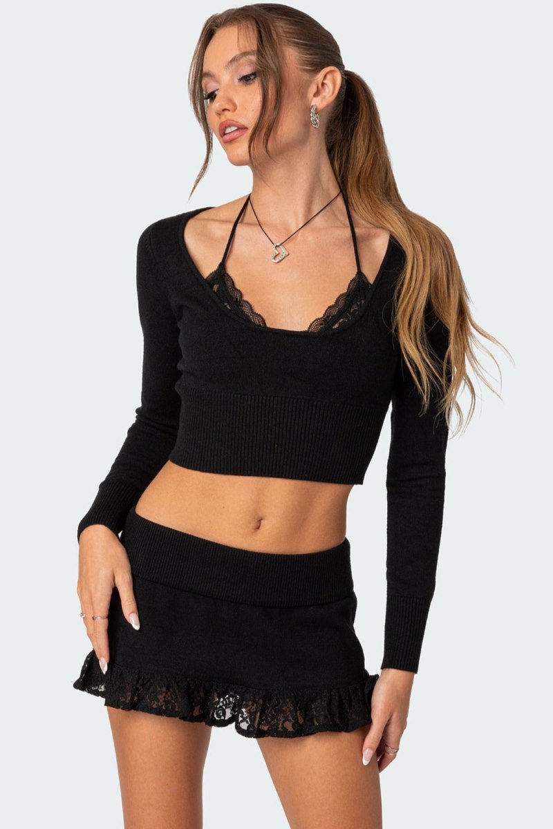 Edikted Lace Bra Detail Knitted Tops Black | USA CV447254X0