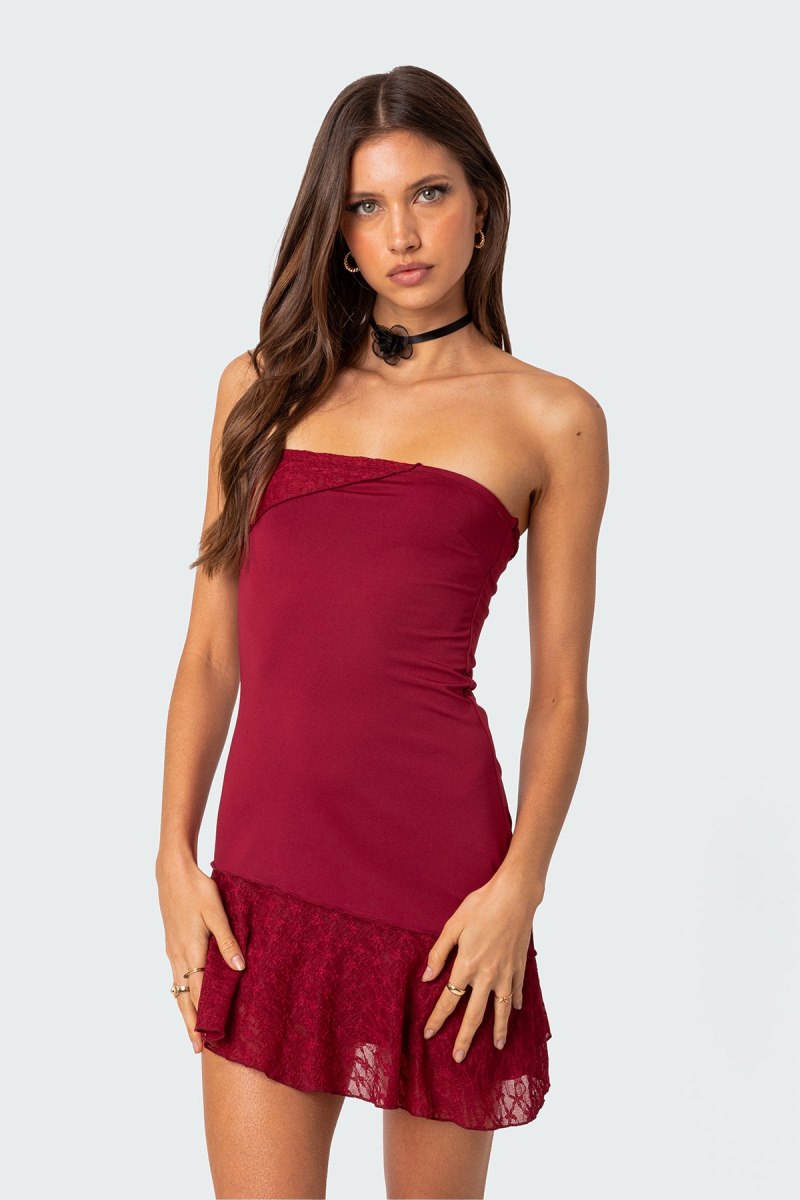 Edikted Lace Patchwork Asymmetric Mini Dress Red | USA PS118471M6
