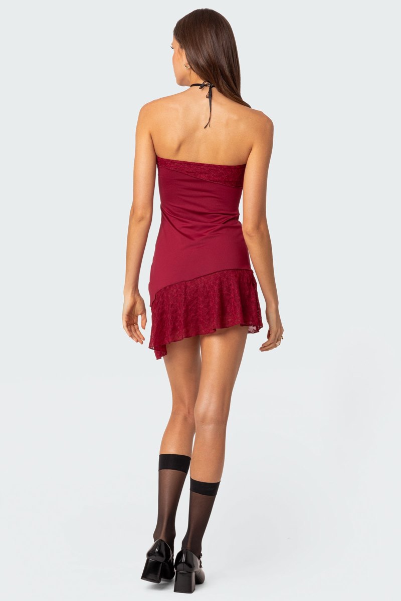 Edikted Lace Patchwork Asymmetric Mini Dress Red | USA PS118471M6