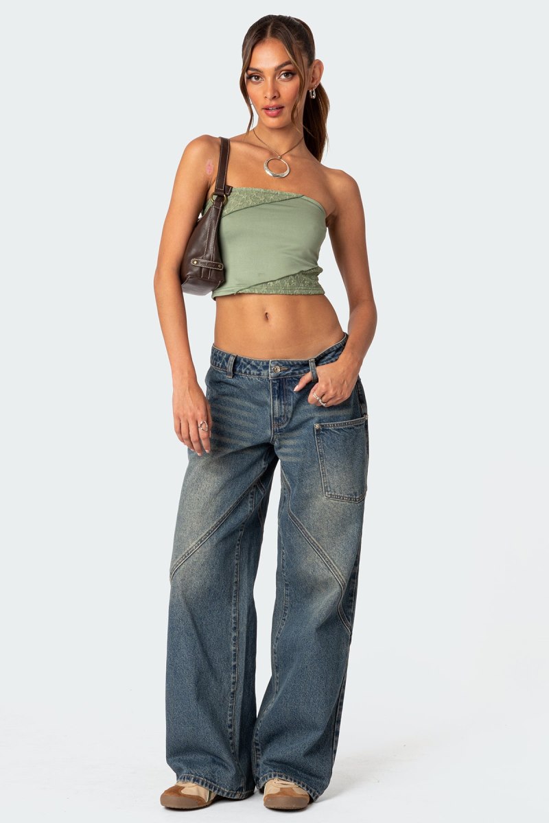 Edikted Lace Patchwork Tube Crop Tops Burgundy | USA AK810001B4