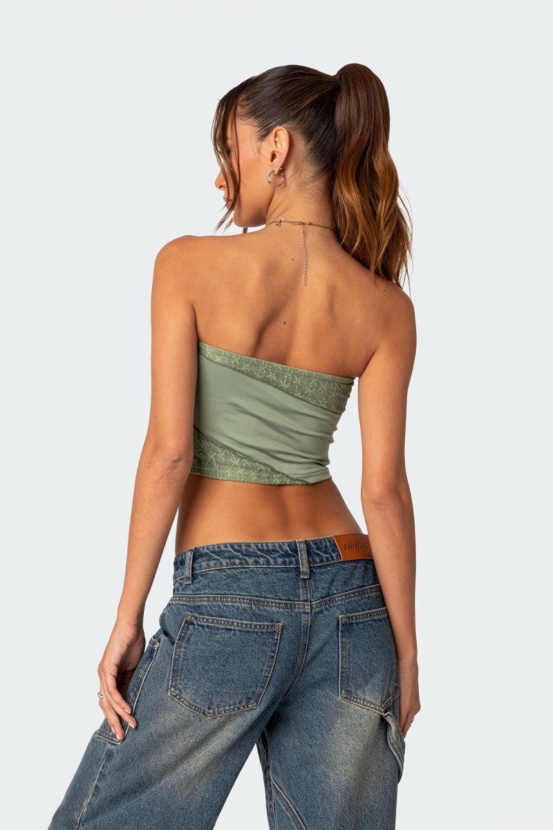 Edikted Lace Patchwork Tube Crop Tops Burgundy | USA AK810001B4