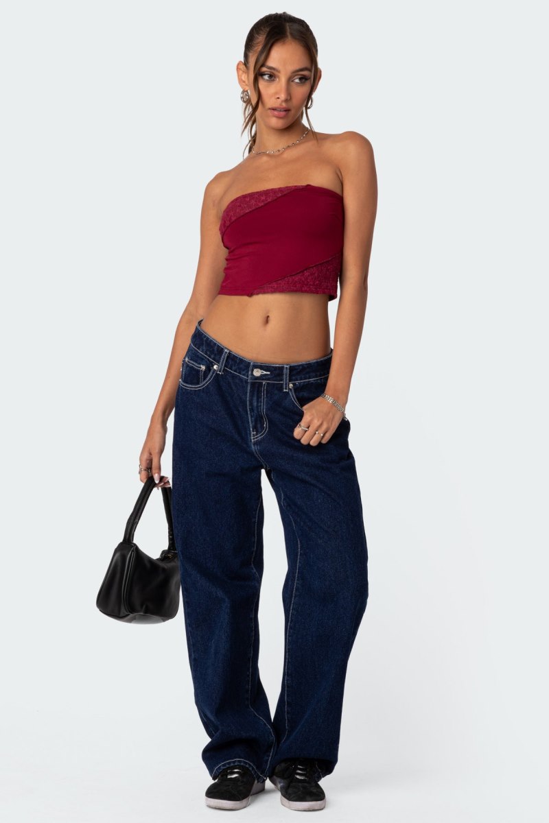Edikted Lace Patchwork Tube Crop Tops Burgundy | USA GS554435B2