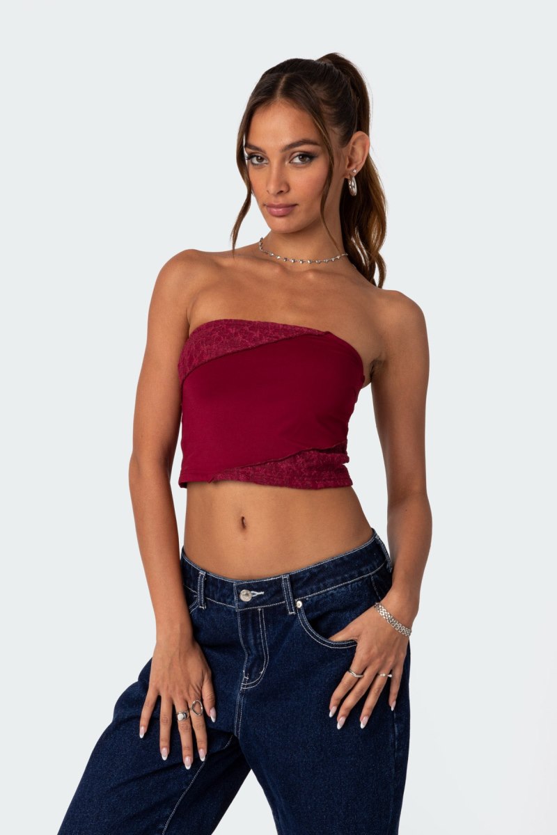 Edikted Lace Patchwork Tube Crop Tops Burgundy | USA GS554435B2