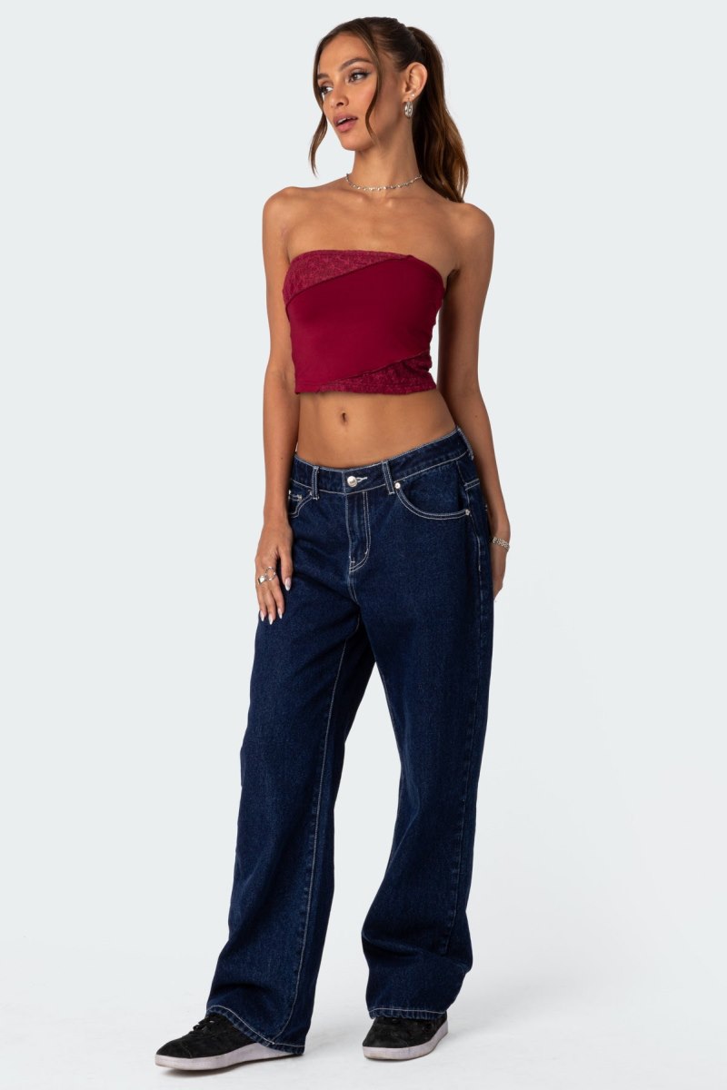 Edikted Lace Patchwork Tube Crop Tops Burgundy | USA GS554435B2