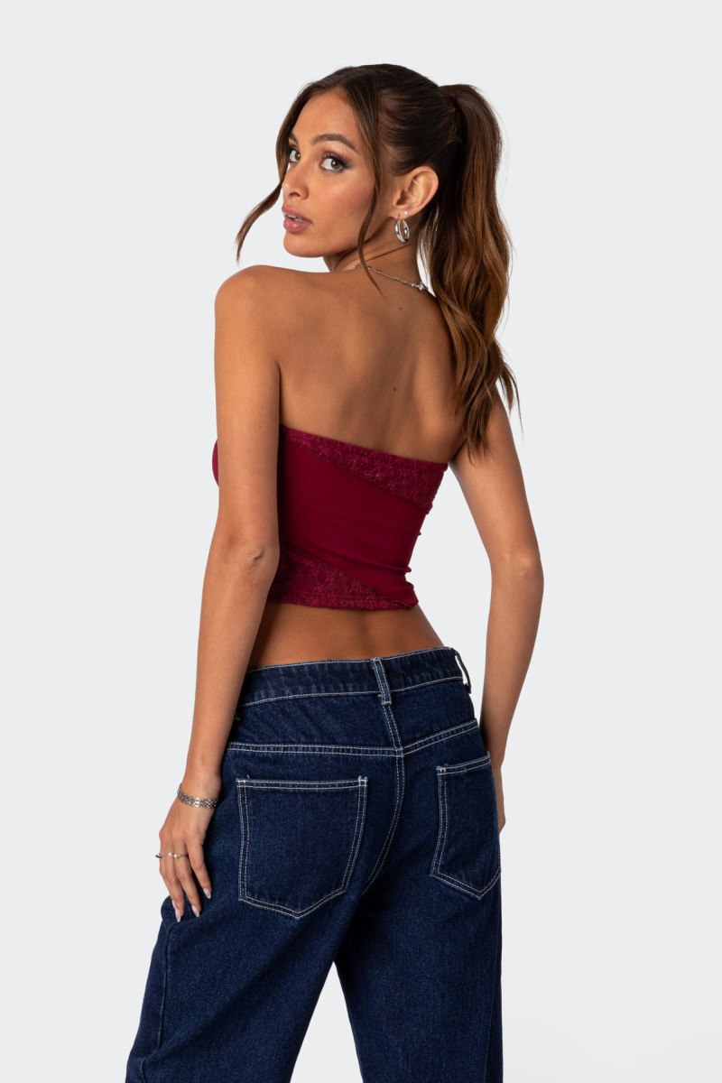 Edikted Lace Patchwork Tube Strapless Tops Burgundy | USA ME128672W6