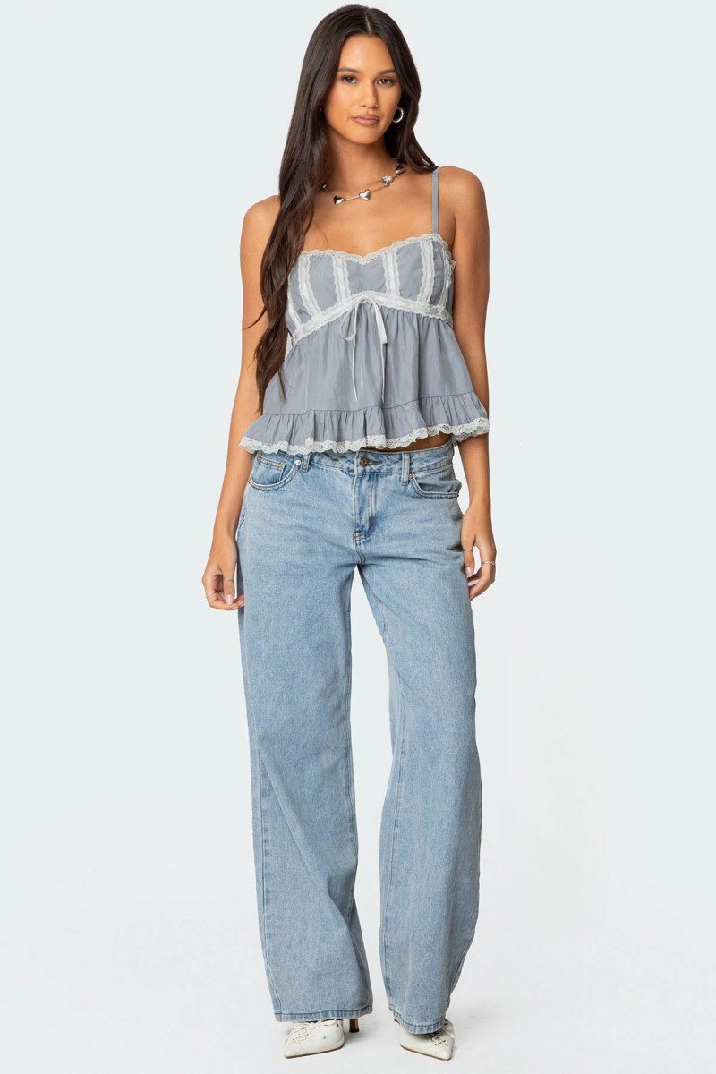 Edikted Lace Trim Babydoll Tank Top Gray | USA LL111191H4