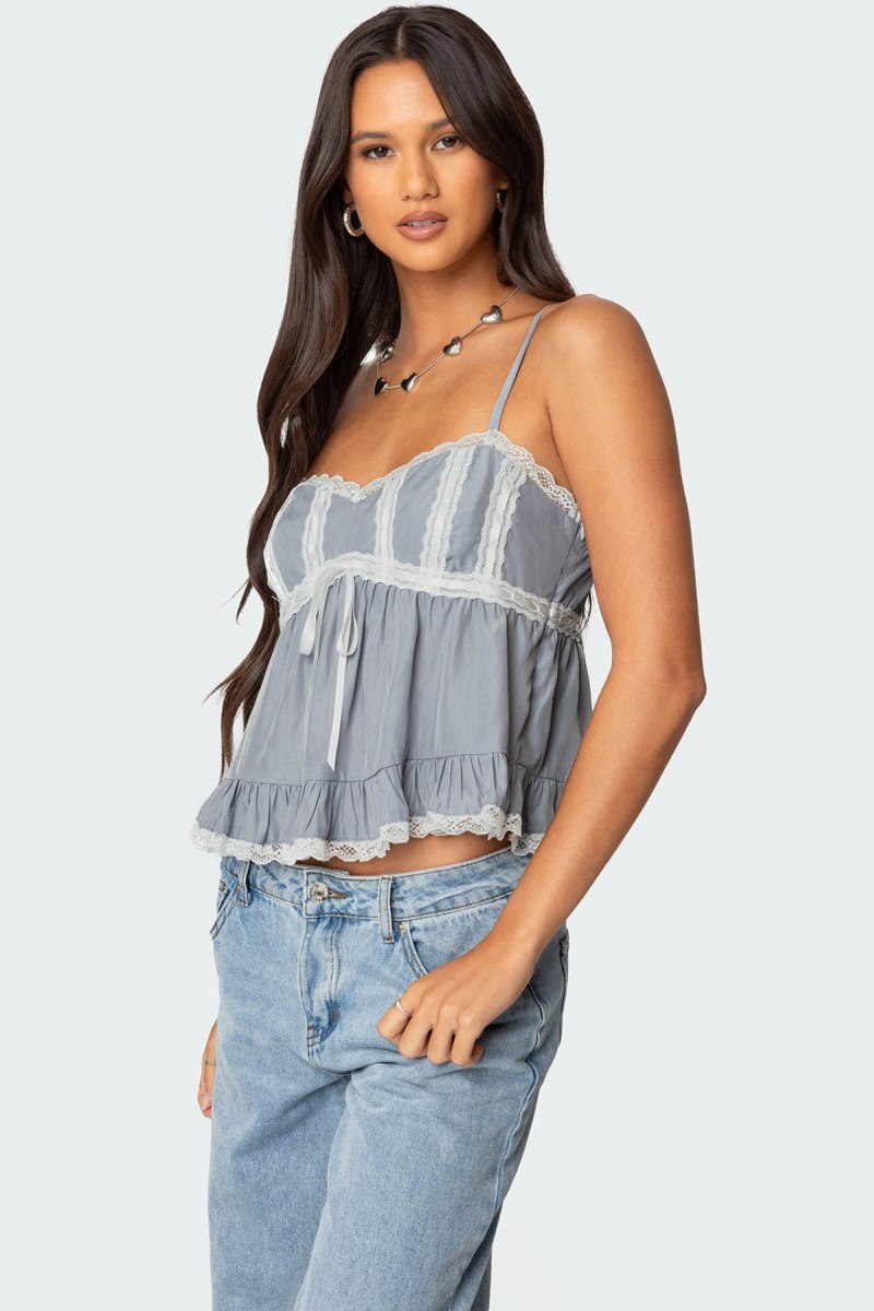 Edikted Lace Trim Babydoll Tank Top Gray | USA LL111191H4