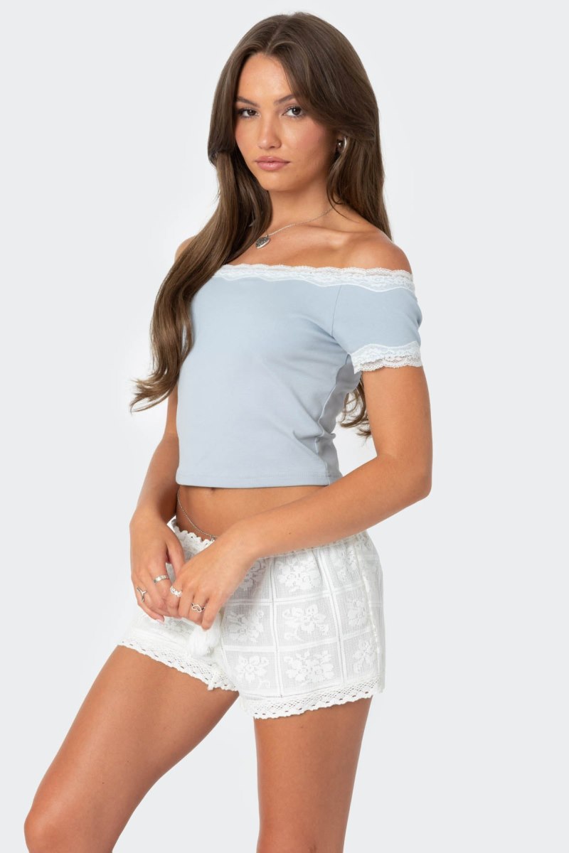 Edikted Lace Trim Off Shoulder Crop Tops Light Blue | USA CR742964X6