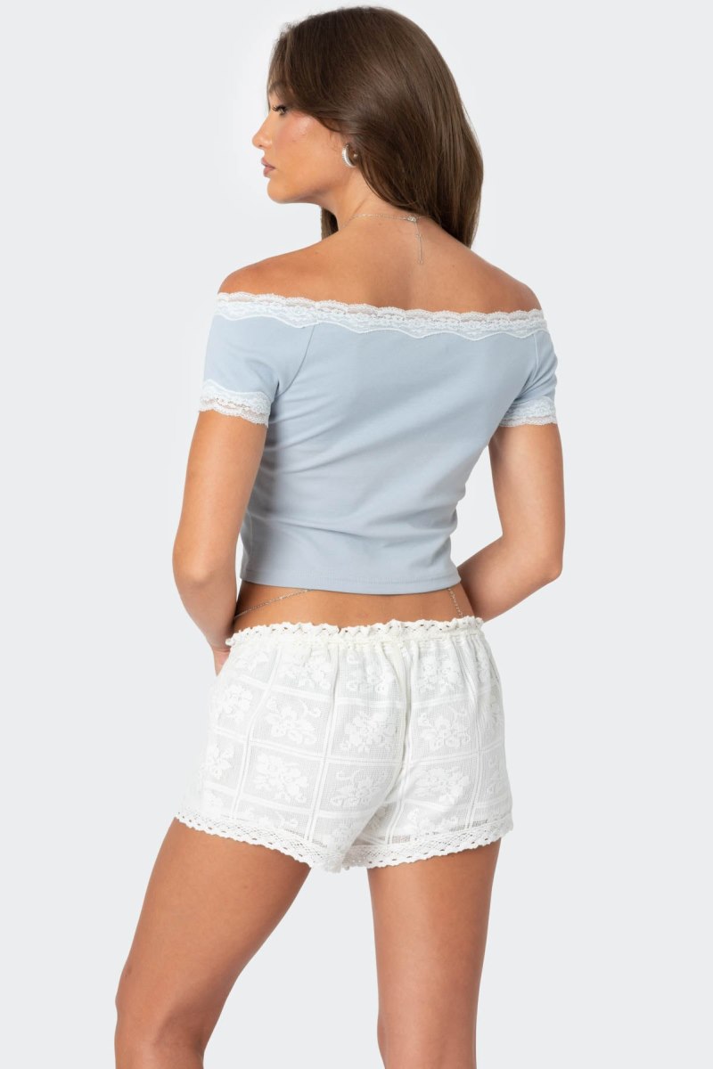 Edikted Lace Trim Off Shoulder Crop Tops Light Blue | USA CR742964X6