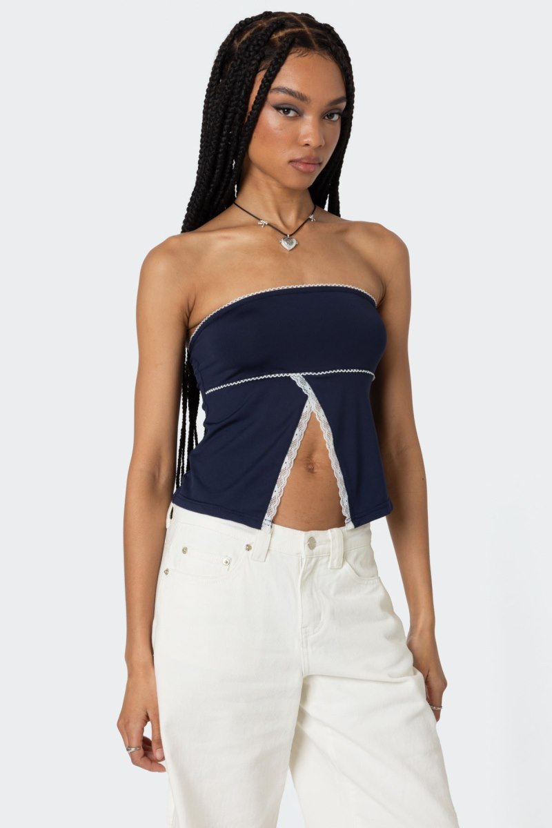 Edikted Lace Trim Split Front Tube Strapless Tops Navy | USA LL174367D6