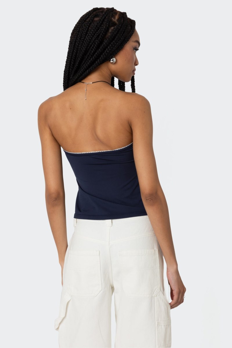 Edikted Lace Trim Split Front Tube Strapless Tops Navy | USA LL174367D6