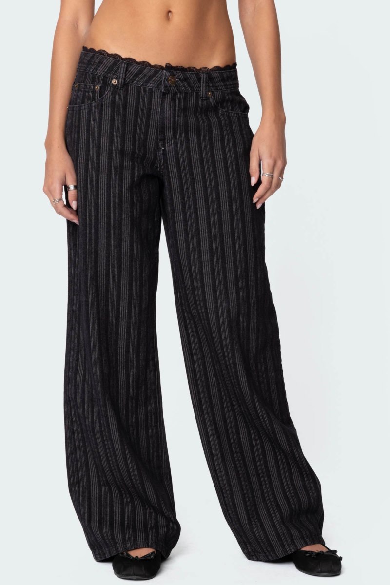 Edikted Lace Trim Striped Low Rise Jeans Black | USA RV128592S6