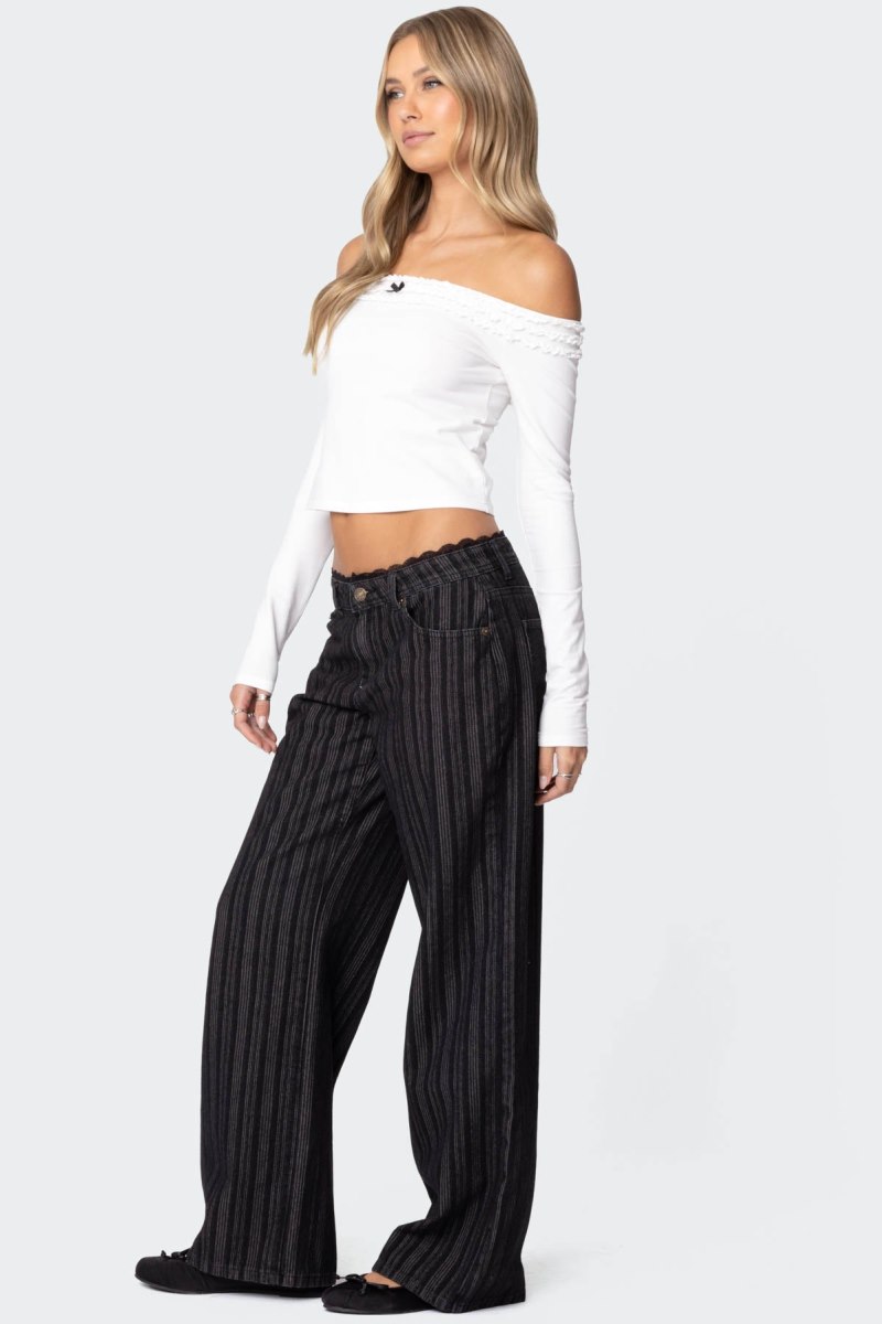 Edikted Lace Trim Striped Low Rise Jeans Black | USA RV128592S6