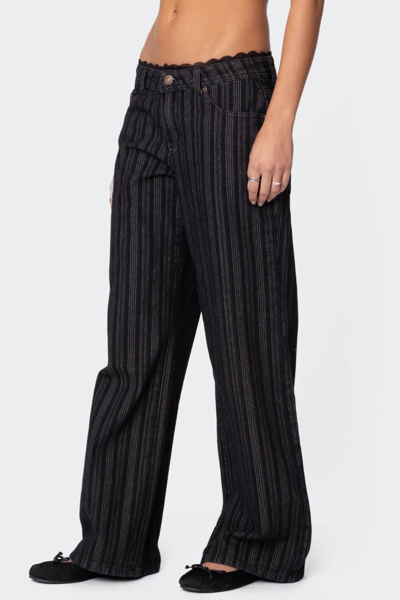 Edikted Lace Trim Striped Low Rise Jeans Black | USA RV128592S6