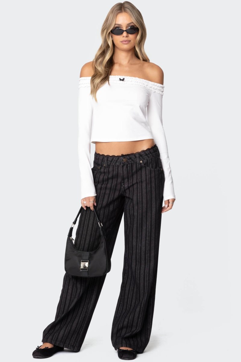 Edikted Lace Trim Striped Low Rise Jeans Black | USA RV128592S6