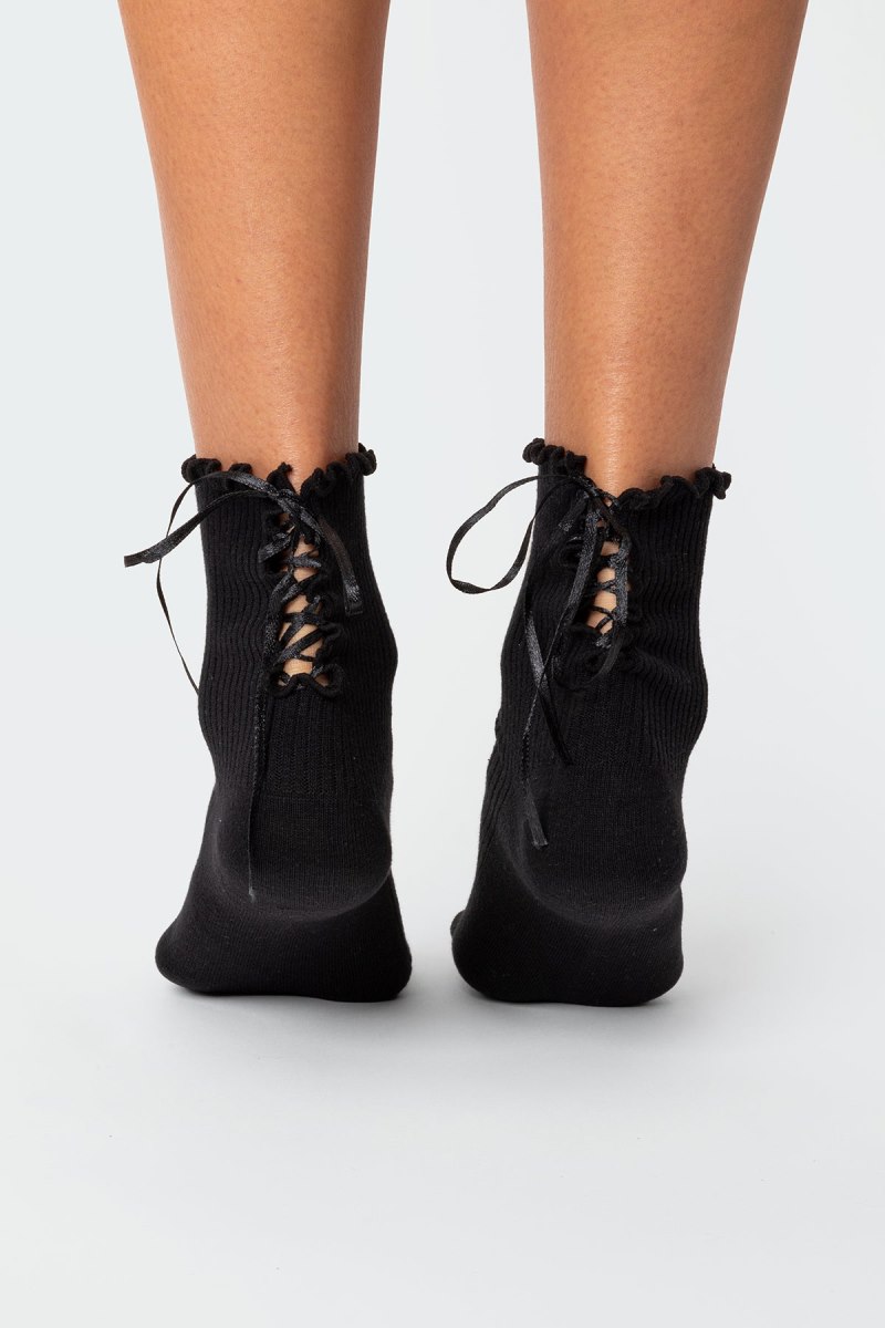 Edikted Lace Up Frilled Socks Black | USA XQ976727E9
