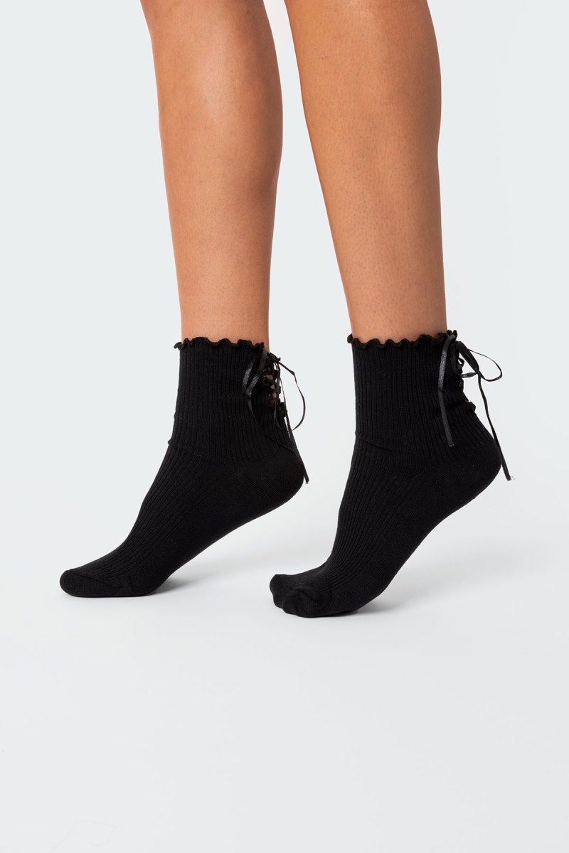 Edikted Lace Up Frilled Socks Black | USA XQ976727E9