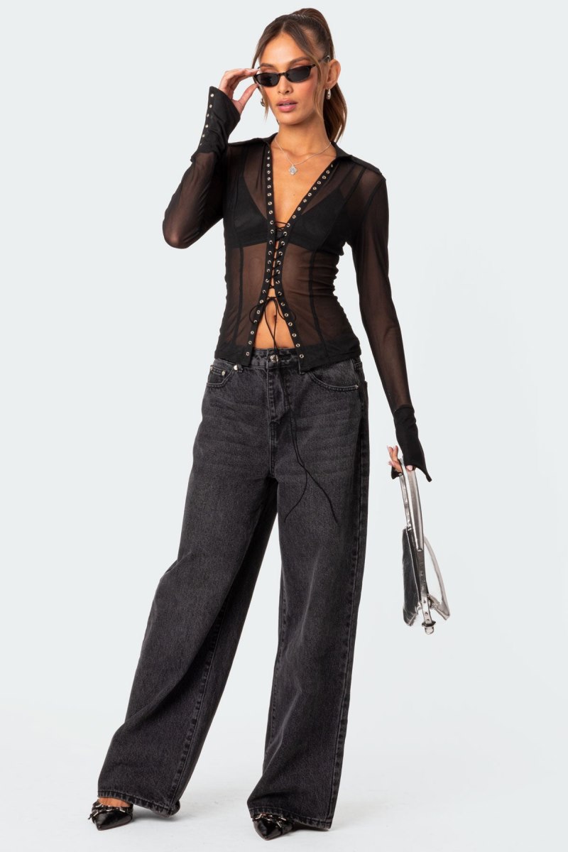 Edikted Lace Up Sheer Mesh Long Sleeve Tops Black | USA ST387658G1
